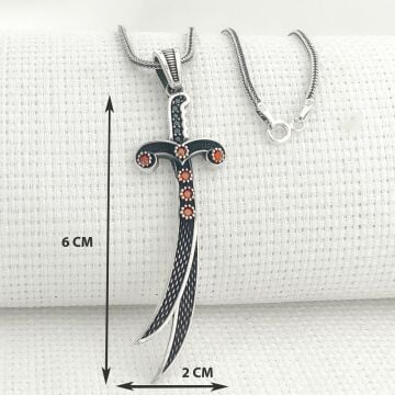 925 Ayar Kırmızı Taşlı Zülfikar Gümüş Kolye