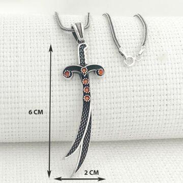925 Ayar Kırmızı Taşlı Zülfikar Gümüş Kolye