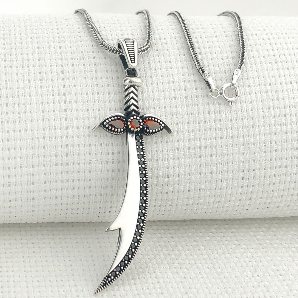 925 Ayar Gümüş Kırmızı Taşlı Zülfikar Kolye