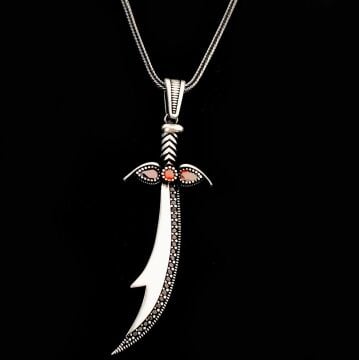 925 Ayar Gümüş Kırmızı Taşlı Zülfikar Kolye