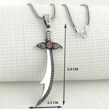 925 Ayar Gümüş Kırmızı Taşlı Zülfikar Kolye