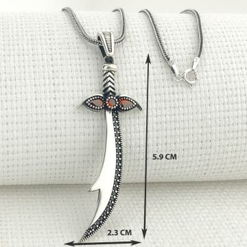 925 Ayar Gümüş Kırmızı Taşlı Zülfikar Kolye
