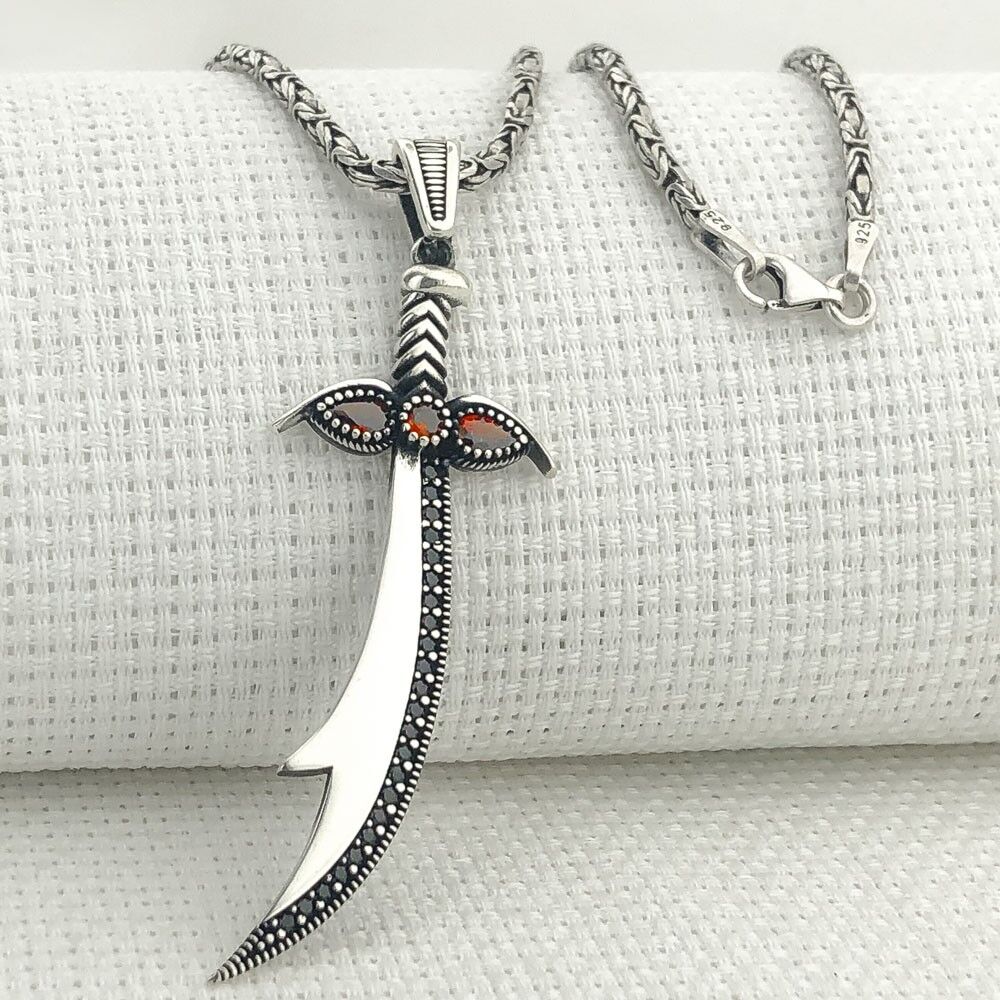 925 Ayar Gümüş Kırmızı Taşlı Zülfikar Kral Zincir Kolye