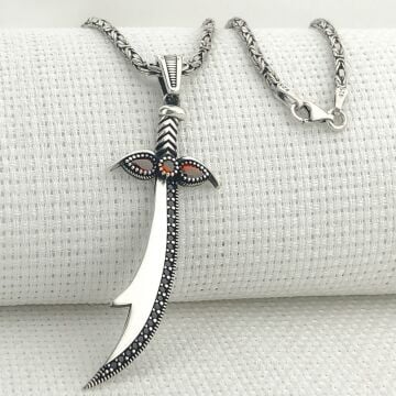 925 Ayar Gümüş Kırmızı Taşlı Zülfikar Kral Zincir Kolye