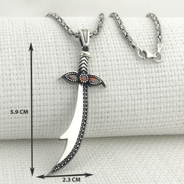 925 Ayar Gümüş Kırmızı Taşlı Zülfikar Kral Zincir Kolye