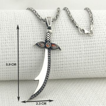 925 Ayar Gümüş Kırmızı Taşlı Zülfikar Kral Zincir Kolye