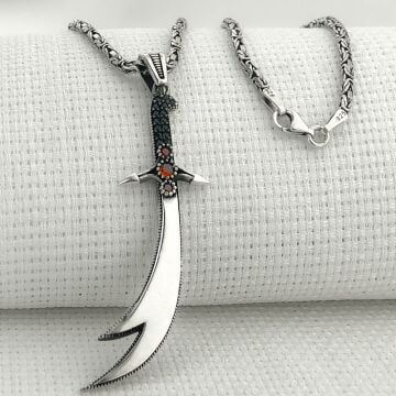 925 Ayar Gümüş Kırmızı Taşlı Zülfikar Kral Zincir Kolye