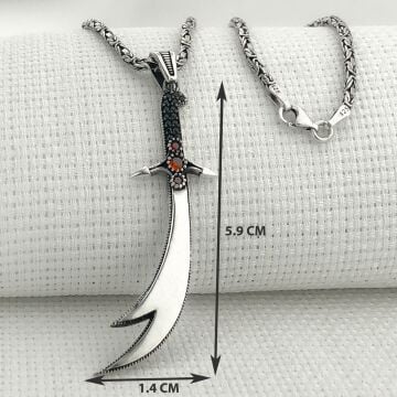 925 Ayar Gümüş Kırmızı Taşlı Zülfikar Kral Zincir Kolye