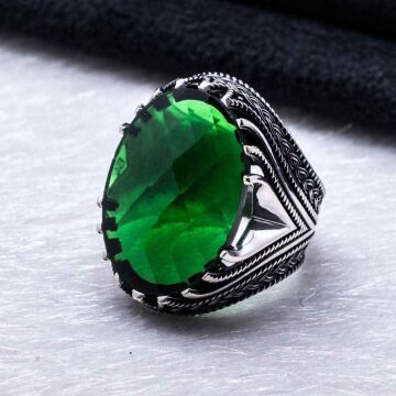 925 Ayar Gümüş Yeşil Zirkon  Taşlı  Erkek Yüzük