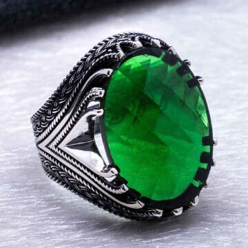 925 Ayar Gümüş Yeşil Zirkon  Taşlı  Erkek Yüzük