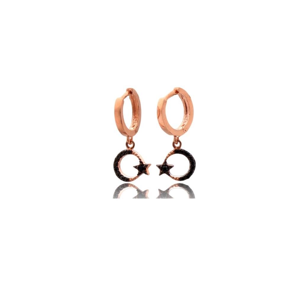 Siyah Taşlı Ay Yıldız Figürlü Gümüş Küpe