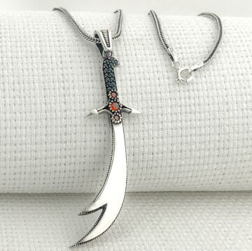 925 Ayar Gümüş Kırmızı Taşlı Zülfikar Kolye