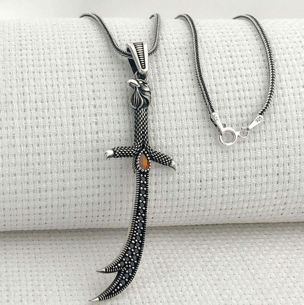 925 Ayar Gümüş Kırmızı Taşlı Kartal Başlı Zülfikar Kolye