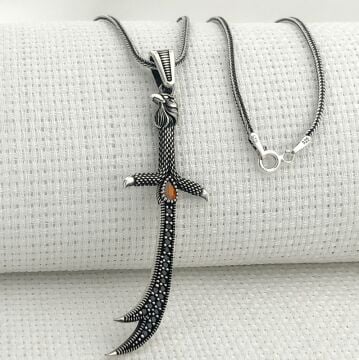 925 Ayar Gümüş Kırmızı Taşlı Kartal Başlı Zülfikar Kolye