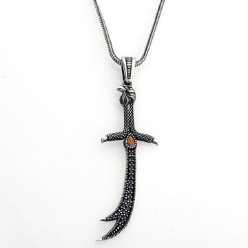 925 Ayar Gümüş Kırmızı Taşlı Kartal Başlı Zülfikar Kolye