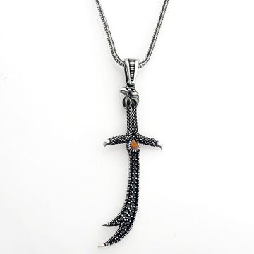 925 Ayar Gümüş Kırmızı Taşlı Kartal Başlı Zülfikar Kolye