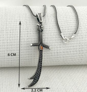 925 Ayar Gümüş Kırmızı Taşlı Kartal Başlı Zülfikar Kolye