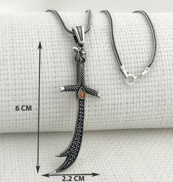 925 Ayar Gümüş Kırmızı Taşlı Kartal Başlı Zülfikar Kolye