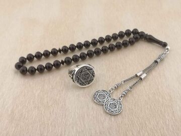 Mührü Süleyman Gümüş Yüzük ve Kehribar Tesbih Kombini