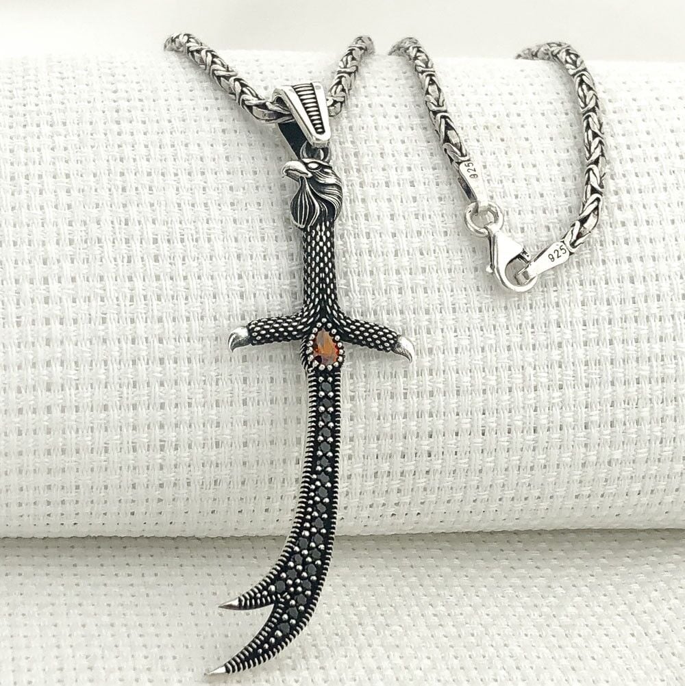 925 Ayar Gümüş Kırmızı Taşlı Kartal Başlı Zülfikar Kral Zincir Kolye