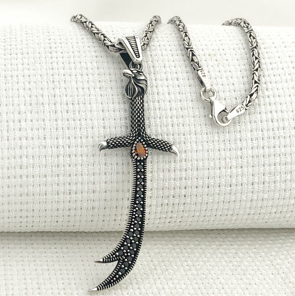 925 Ayar Gümüş Kırmızı Taşlı Kartal Başlı Zülfikar Kral Zincir Kolye