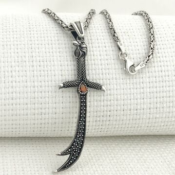 925 Ayar Gümüş Kırmızı Taşlı Kartal Başlı Zülfikar Kral Zincir Kolye