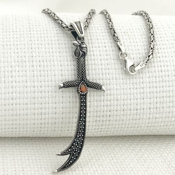 925 Ayar Gümüş Kırmızı Taşlı Kartal Başlı Zülfikar Kral Zincir Kolye