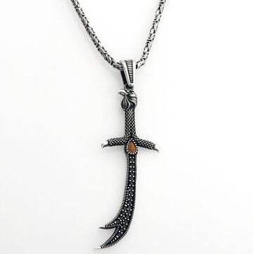 925 Ayar Gümüş Kırmızı Taşlı Kartal Başlı Zülfikar Kral Zincir Kolye