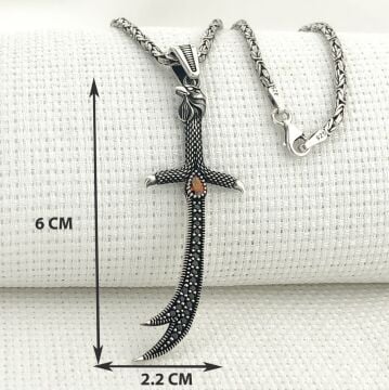 925 Ayar Gümüş Kırmızı Taşlı Kartal Başlı Zülfikar Kral Zincir Kolye