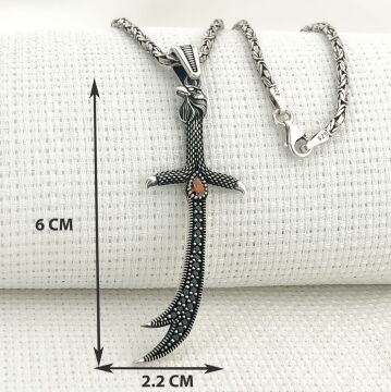 925 Ayar Gümüş Kırmızı Taşlı Kartal Başlı Zülfikar Kral Zincir Kolye