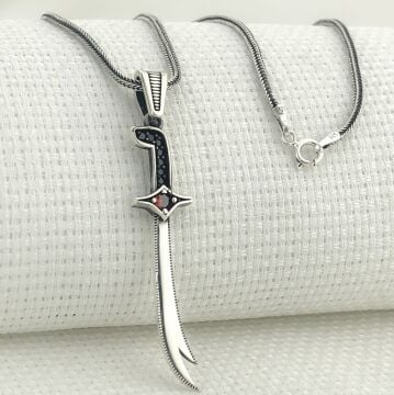 925 Ayar Gümüş Kırmızı Taşlı Zülfikar Kolye