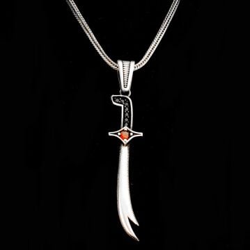 925 Ayar Gümüş Kırmızı Taşlı Zülfikar Kolye