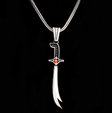 925 Ayar Gümüş Kırmızı Taşlı Zülfikar Kolye