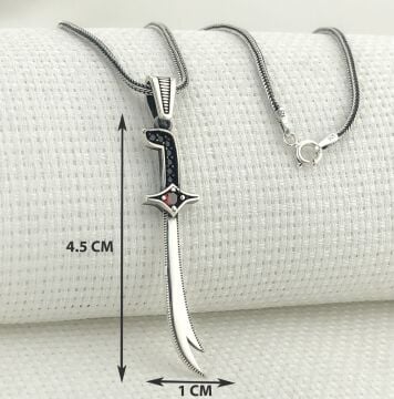 925 Ayar Gümüş Kırmızı Taşlı Zülfikar Kolye