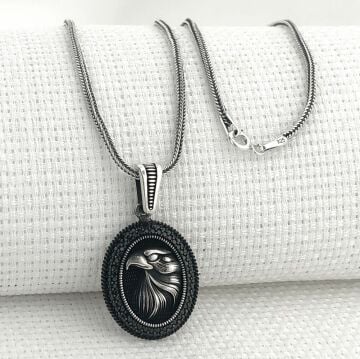 925 Ayar Gümüş Siyah Taşlı Kartal Motifli Kolye