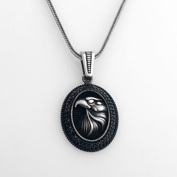 925 Ayar Gümüş Siyah Taşlı Kartal Motifli Kolye