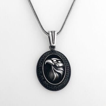 925 Ayar Gümüş Siyah Taşlı Kartal Motifli Kolye