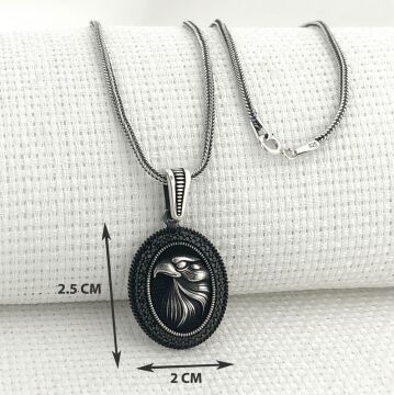 925 Ayar Gümüş Siyah Taşlı Kartal Motifli Kolye