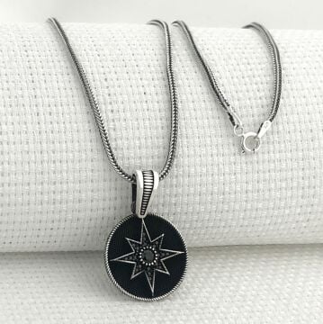925 Ayar Gümüş Siyah Taşlı Kuzey Yıldızı Kolye