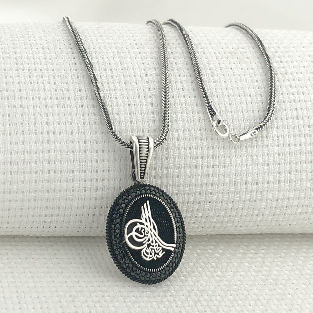 925 Ayar Gümüş Siyah Taşlı Osmanlı Tuğralı Kolye