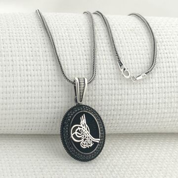 925 Ayar Gümüş Siyah Taşlı Osmanlı Tuğralı Kolye
