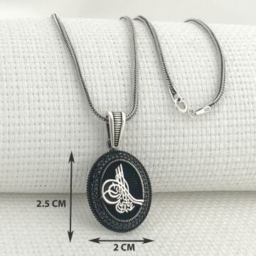 925 Ayar Gümüş Siyah Taşlı Osmanlı Tuğralı Kolye