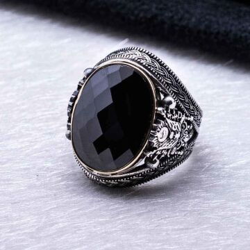 925 Ayar Gümüş Siyah Taşlı Osmanlı Tuğralı Yüzük