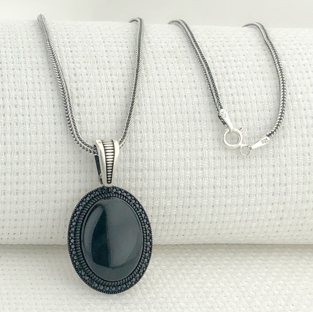 925 Ayar Gümüş Siyah Oniks Taşlı Gümüş Kolye