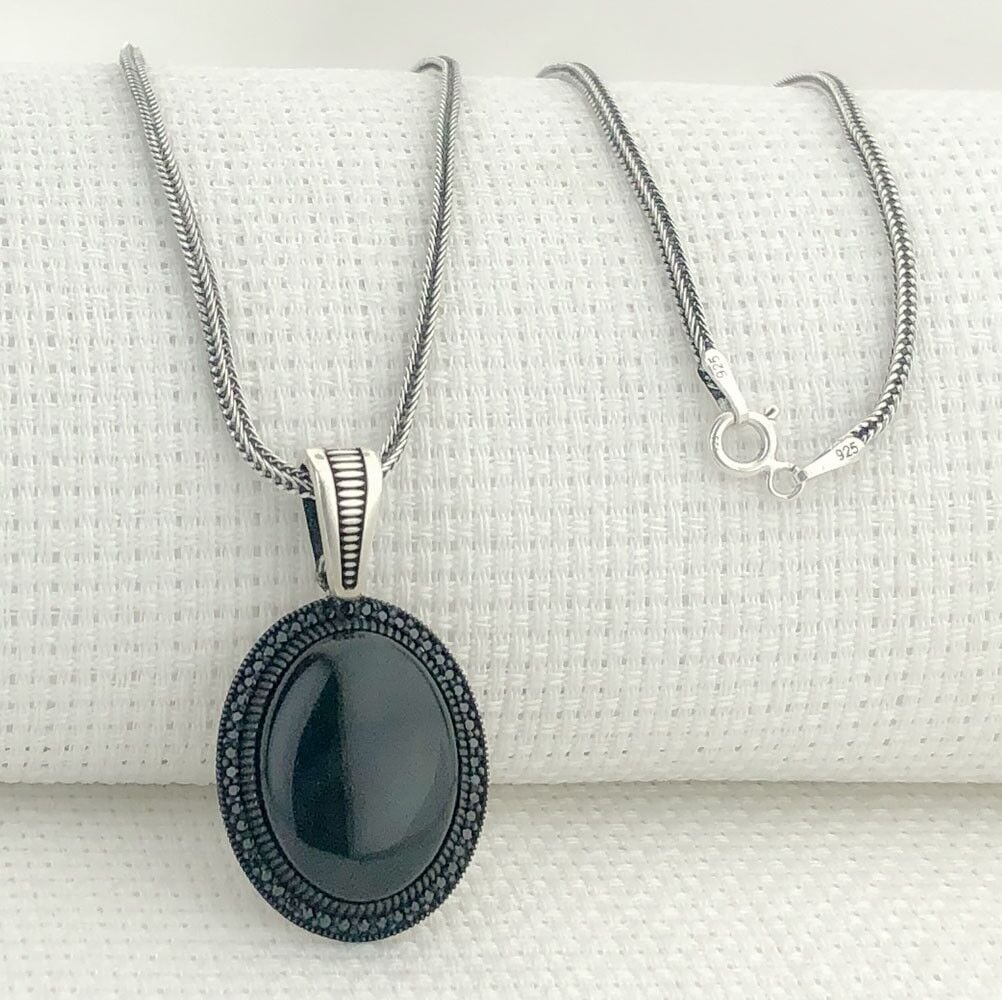 925 Ayar Gümüş Siyah Oniks Taşlı Gümüş Kolye