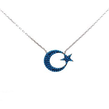 925 Ayar Turkuaz Nano Taşlı Türk Bayrağı gümüş Kolye