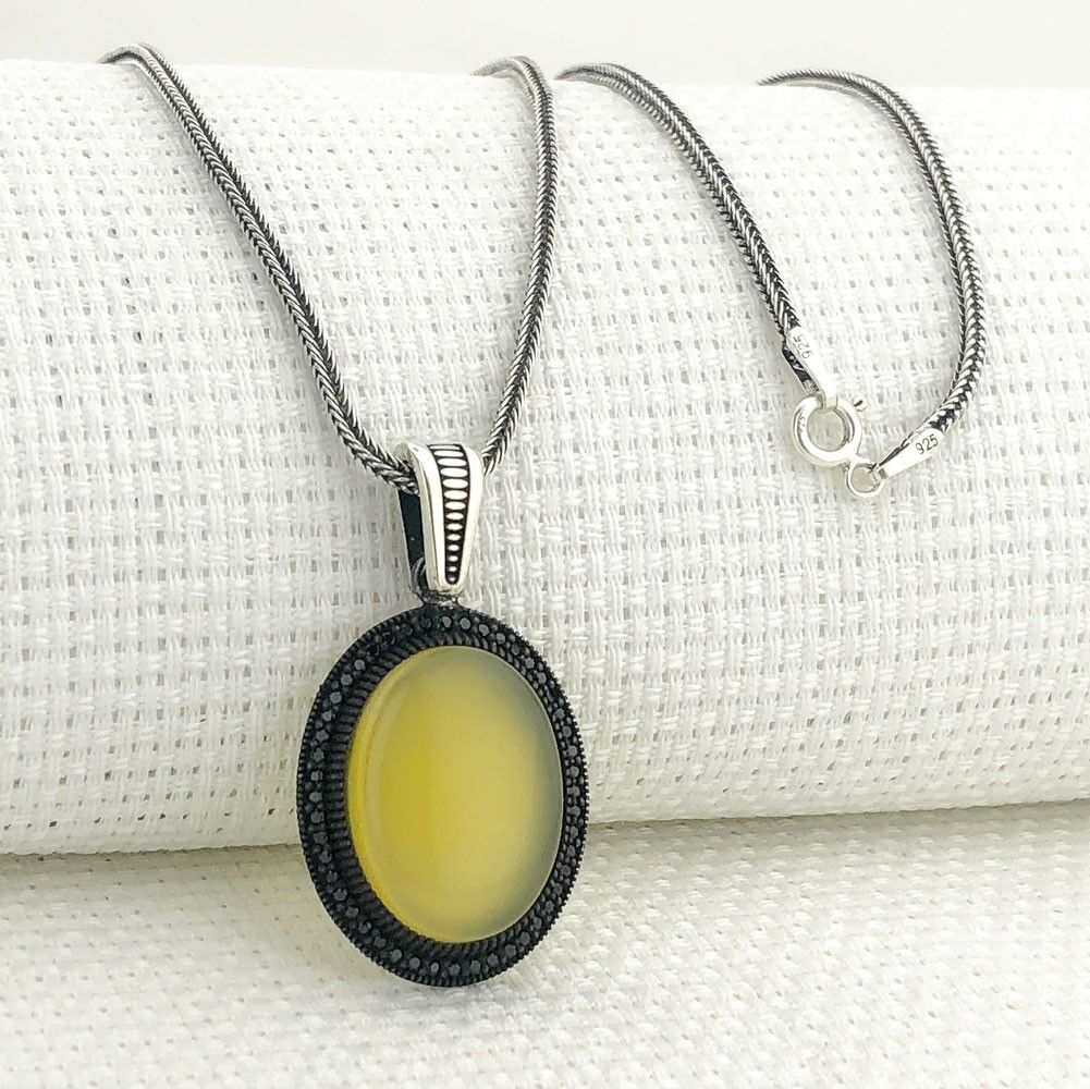 925 Ayar Sarı Akik Taşlı Gümüş Kolye