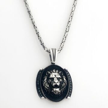 925 Ayar Gümüş Siyah Taşlı Aslan Figürlü Kral Zincir Kolye