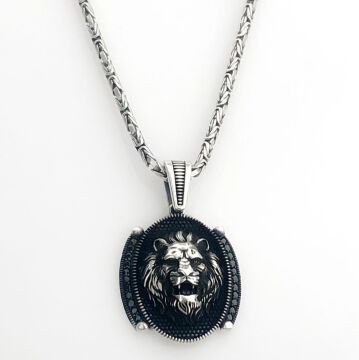 925 Ayar Gümüş Siyah Taşlı Aslan Figürlü Kral Zincir Kolye