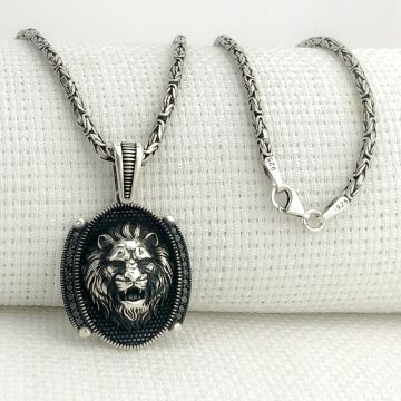 925 Ayar Gümüş Siyah Taşlı Aslan Figürlü Kral Zincir Kolye